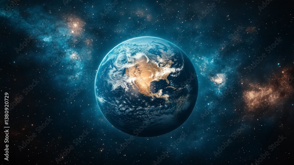 Obraz premium Earth view from space with detailed continents surrounded by swirling galaxies