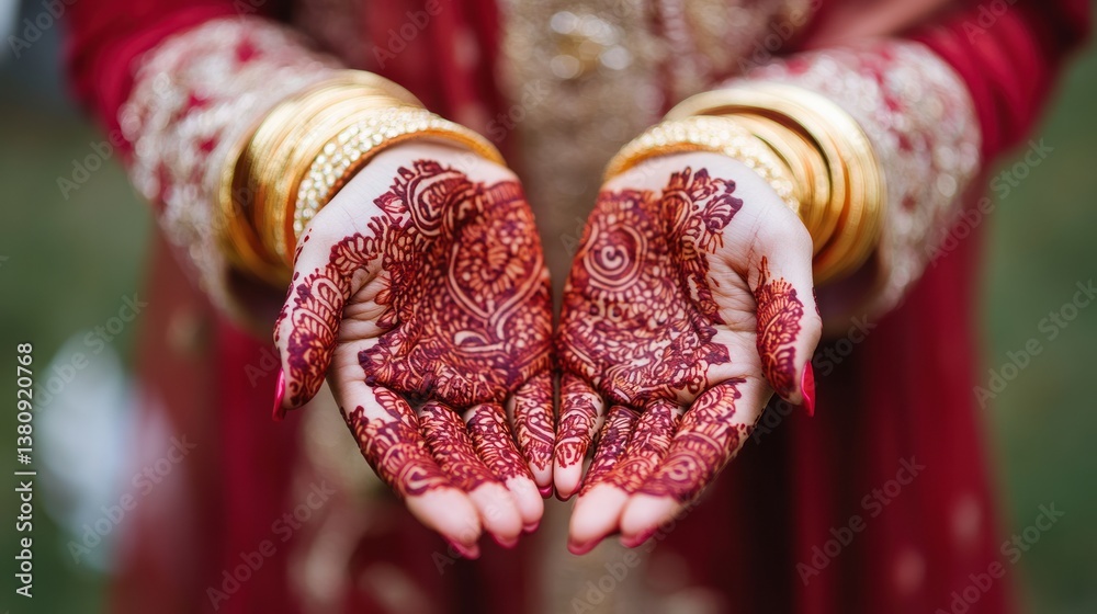 Elegant henna body art adorning hands at a traditional Middle Eastern wedding