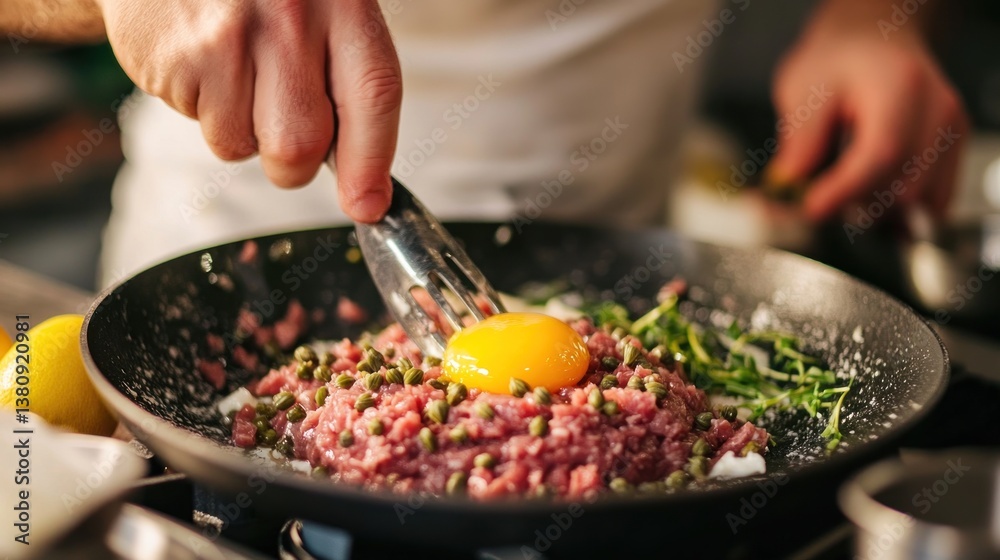 Expert chef meticulously assembling a vibrant steak tartare with precision and artistry