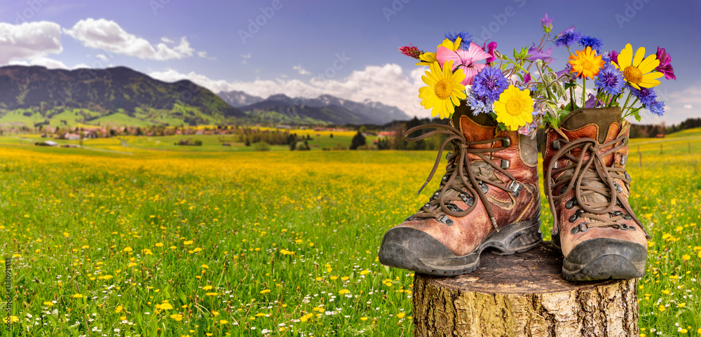 Wanderung in den Bergen mit Bergstiefel mit Blumen - FOTOMONTAGE