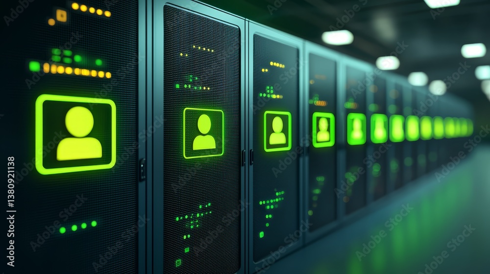 Servers in data center green lights illuminate advanced technology Servers in data center green lights illuminate advanced technology
