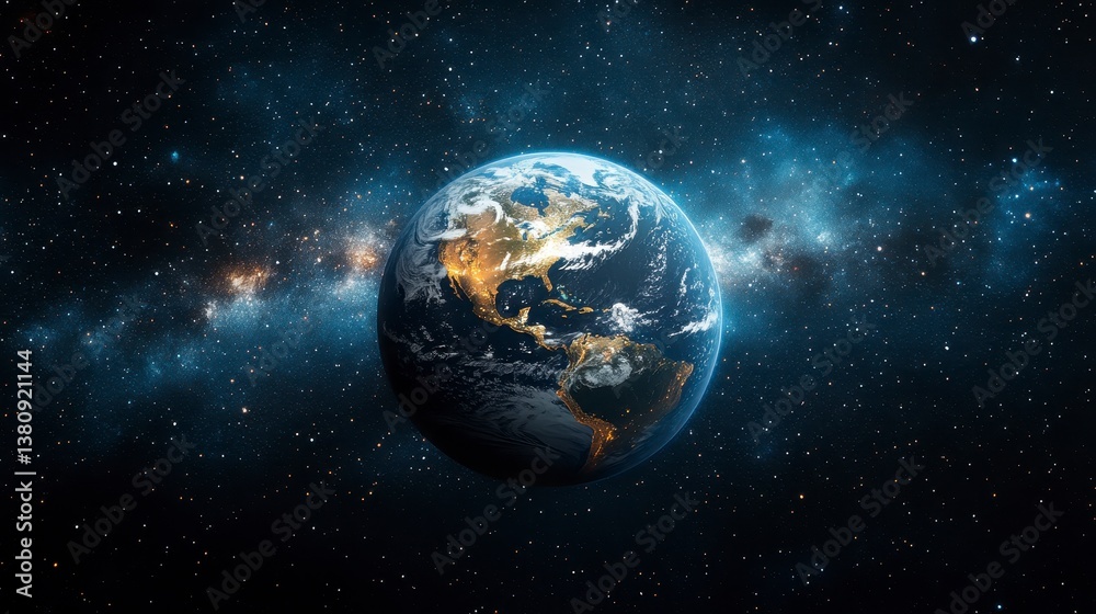 Earth view from space, continents illuminated by city lights, nebula backdrop Earth view from space, continents illuminated by city lights, nebula backdrop