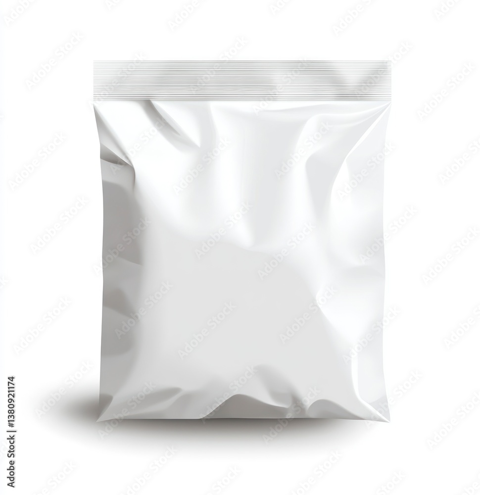 Isolated Empty Plastic Pouch Packaging Mockup on White for Food Storage Isolated Empty Plastic Pouch Packaging Mockup on White for Food Storage