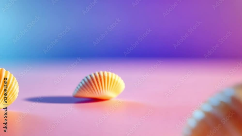 Three seashells cast shadows on a pink surface, lit with blue and pink gradients