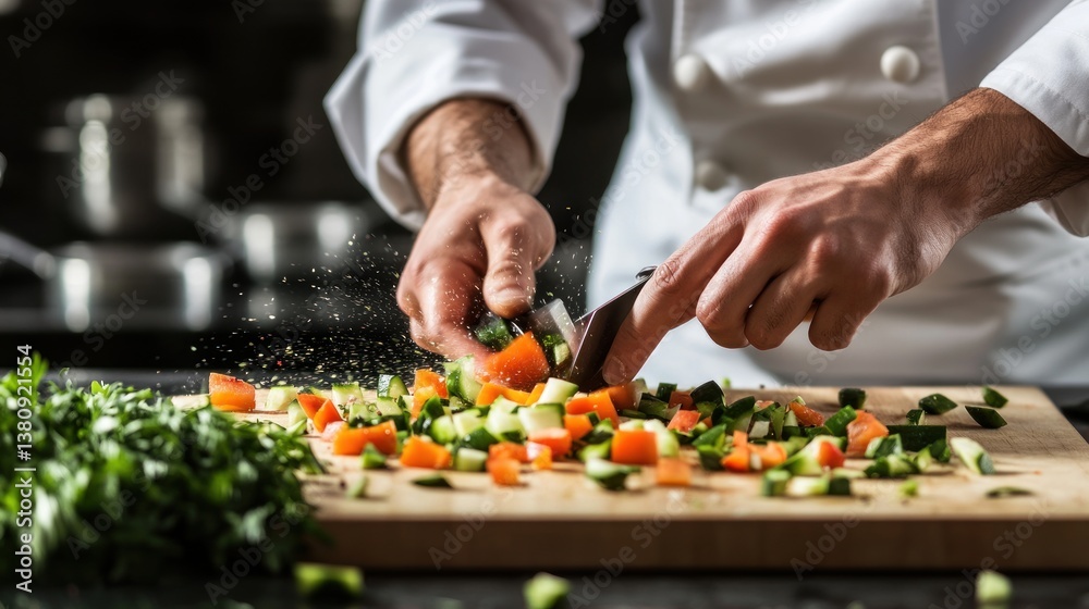 Expert chef meticulously chopping fresh vegetables on a wooden cutting board