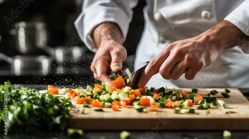 Obraz na płótnie Expert chef meticulously chopping fresh vegetables on a wooden cutting board w salonie