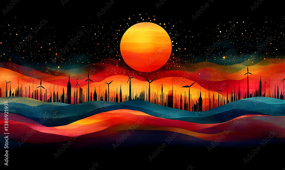 Fototapeta premium Colorful sunrise landscape illustration