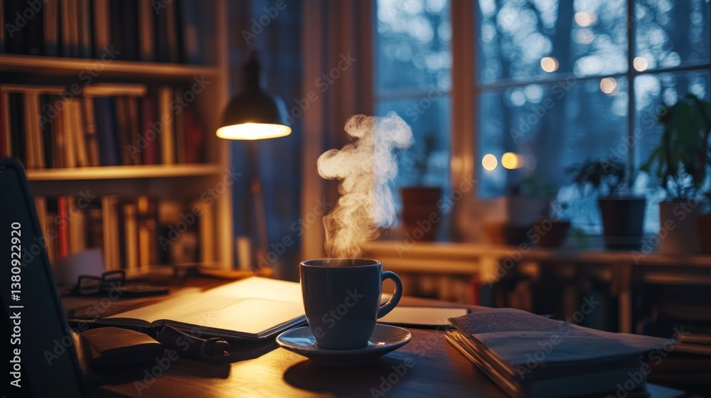 Serene evening study setup with steaming beverage and classic literary ambiance