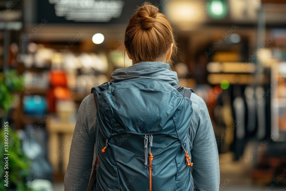 Fototapeta premium Female shopper with backpack in outdoor gear store