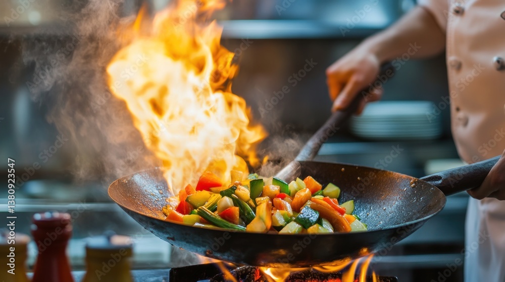 Expert chef skillfully tossing vibrant mixed vegetables in a fiery wok stir fry