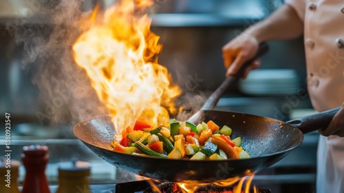 Obraz na płótnie Expert chef skillfully tossing vibrant mixed vegetables in a fiery wok stir fry w salonie