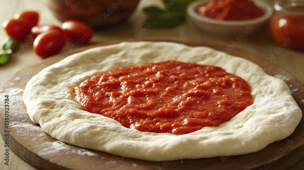 Preparation stage of a delicious pizza with fresh ingredients on a wooden board