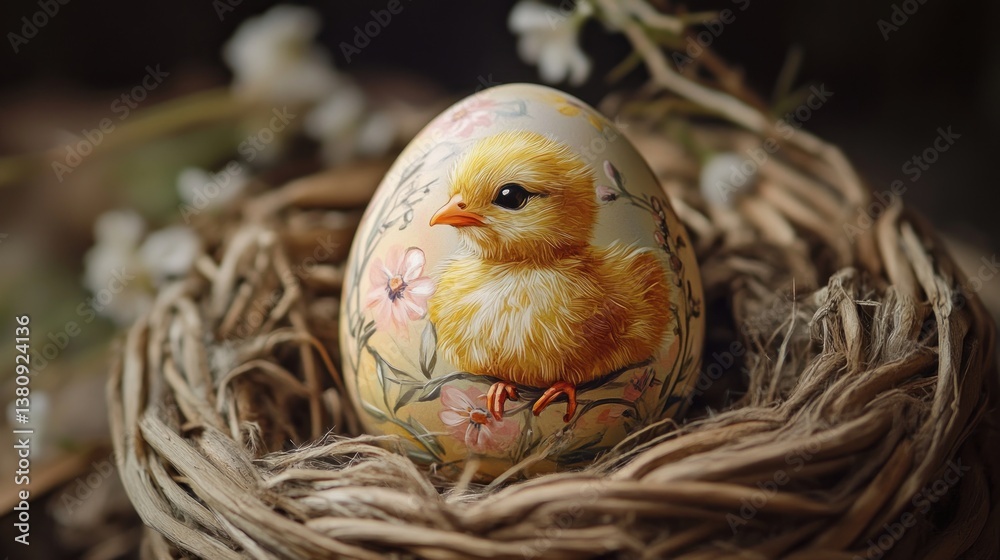 Painted Easter Egg with Chick in Nest Springtime Celebration