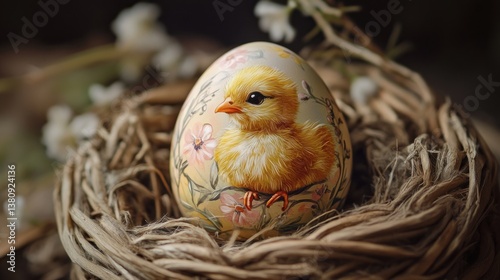 Obraz na płótnie Painted Easter Egg with Chick in Nest Springtime Celebration w salonie