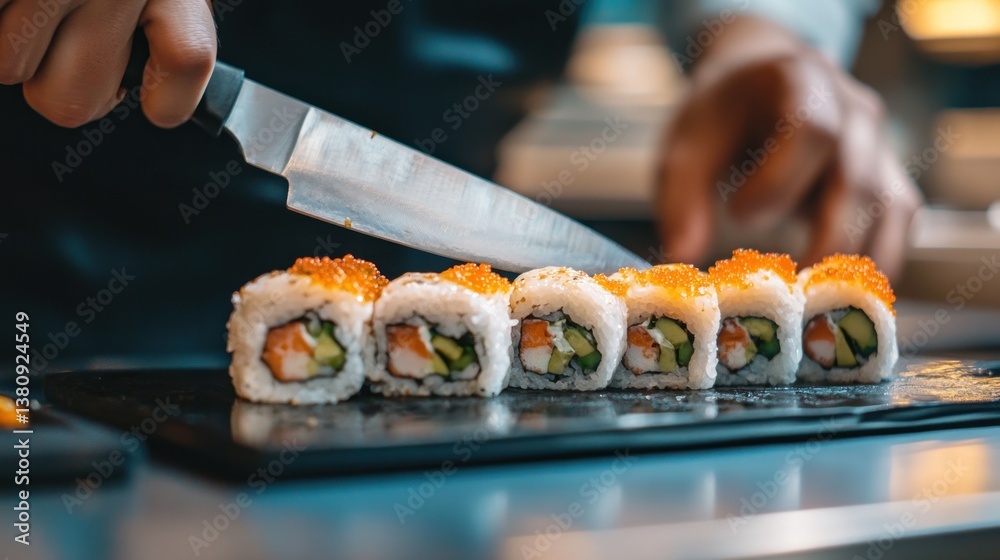 Expert chef skillfully slicing vibrant sushi rolls with a gleaming knife blade
