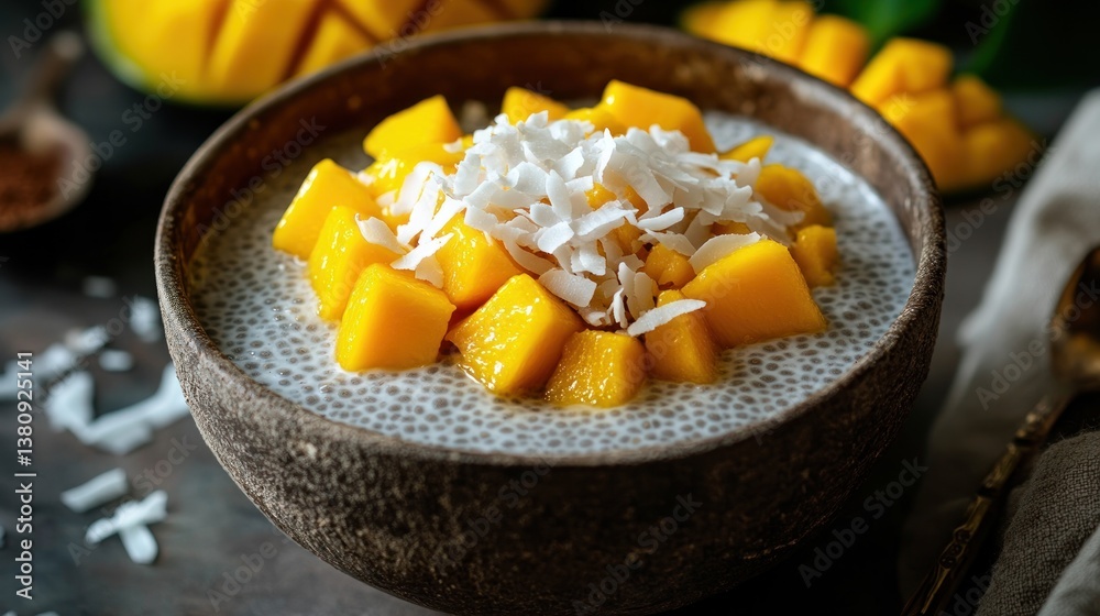 Exotic delight: close-up of vibrant mango and coconut chia pudding bowl