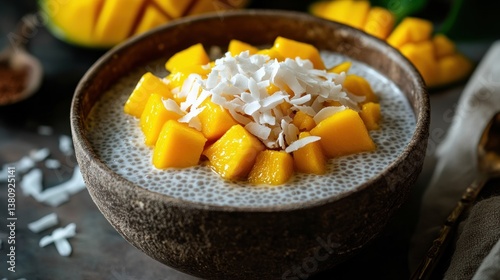 Obraz na płótnie Exotic delight: close-up of vibrant mango and coconut chia pudding bowl w salonie