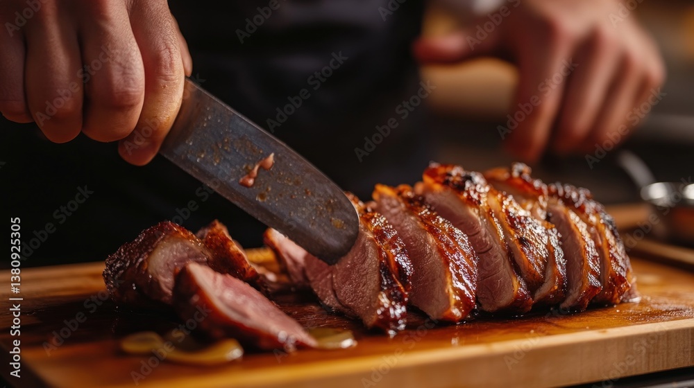 Chef precisely slicing roasted duck breast on wooden board for gourmet meal