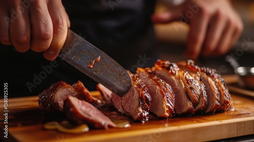 Obraz na płótnie Chef precisely slicing roasted duck breast on wooden board for gourmet meal w salonie