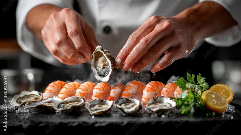 Chef elegantly prepares a seafood platter with shrimp, oysters, lemon garnish