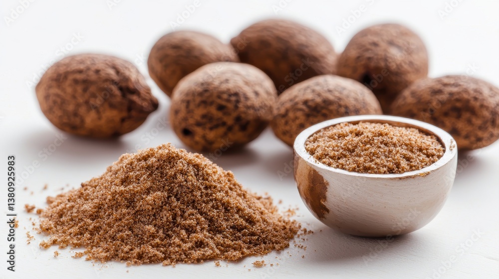 A close-up of ground nutmeg and whole nutmeg seeds, showcased in a wooden bowl, highlighting their earthy tones and textures. A close-up of ground nutmeg and whole nutmeg seeds, showcased in a wooden bowl, highlighting their earthy tones and textures.