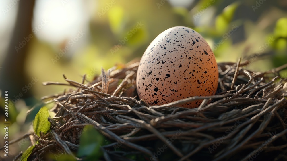 Speckled Egg in Nest Among Branches and Leaves in Spring Sunlight