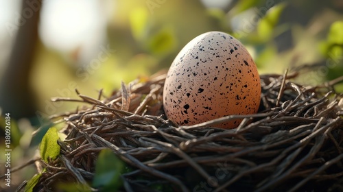 Speckled Egg in Nest Among Branches and Leaves in Spring Sunlight