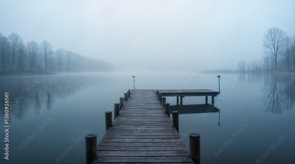 A foggy lake with a wooden pier and a dock A foggy lake with a wooden pier and a dock