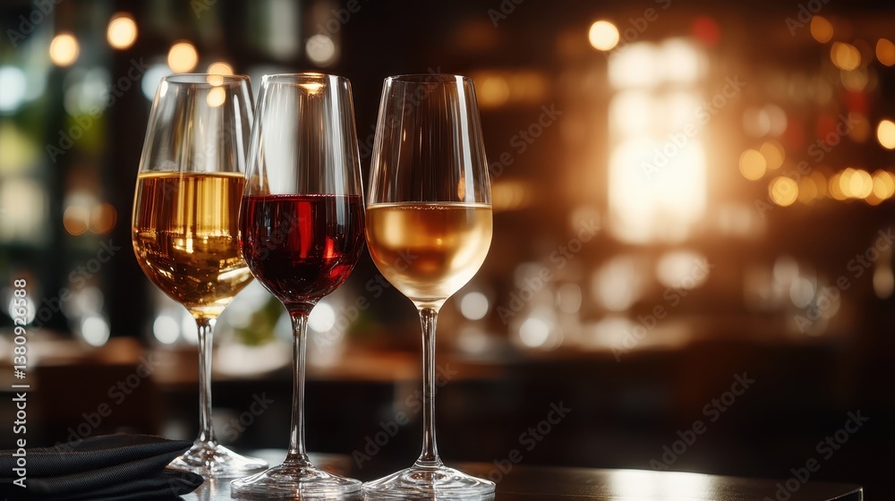 Three elegantly filled glasses of wine, capturing a warm sunset backdrop, evoke a sense of relaxation and connection with nature's beauty during a fine evening. Three elegantly filled glasses of wine, capturing a warm sunset backdrop, evoke a sense of relaxation and connection with nature's beauty during a fine evening.
