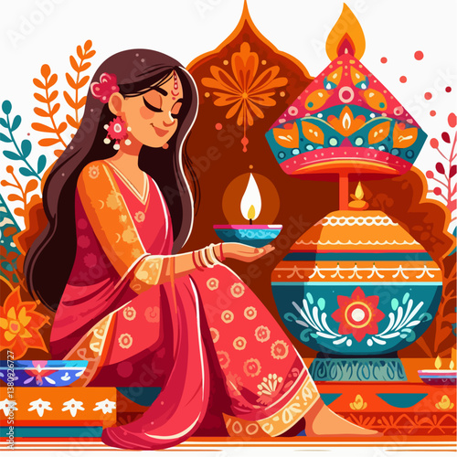 illustration of woman celebrating Diwali