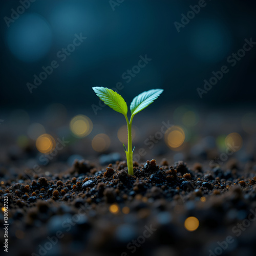 Close-up of sprout germinating in soil with glowing lights. Innovation and sustainable development concept, ecology, eco tech, green energy, future tech in abstract dark blue background.