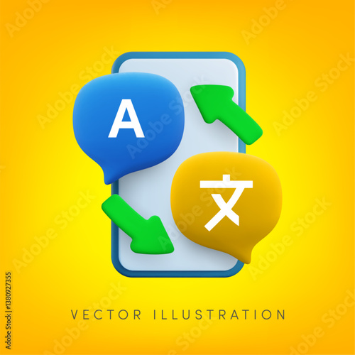 Vector cartoon 3d translation service app banner. Realistic 3d speech bubbles with english and Chinese language translation signs and arrows on smartphone screen. Translate message dialog concept.