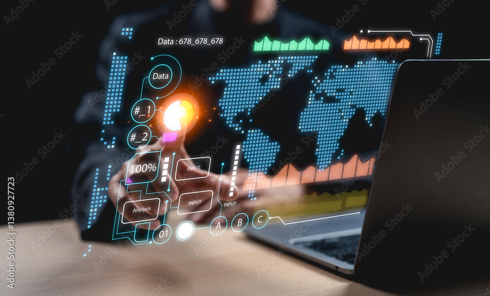 Fototapeta premium A digital interface displays data analytics and global maps, emphasizing technology and data visualization in a business context.