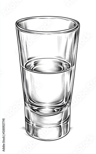 Line Drawing of a Partially Filled Shot Glass on White Background