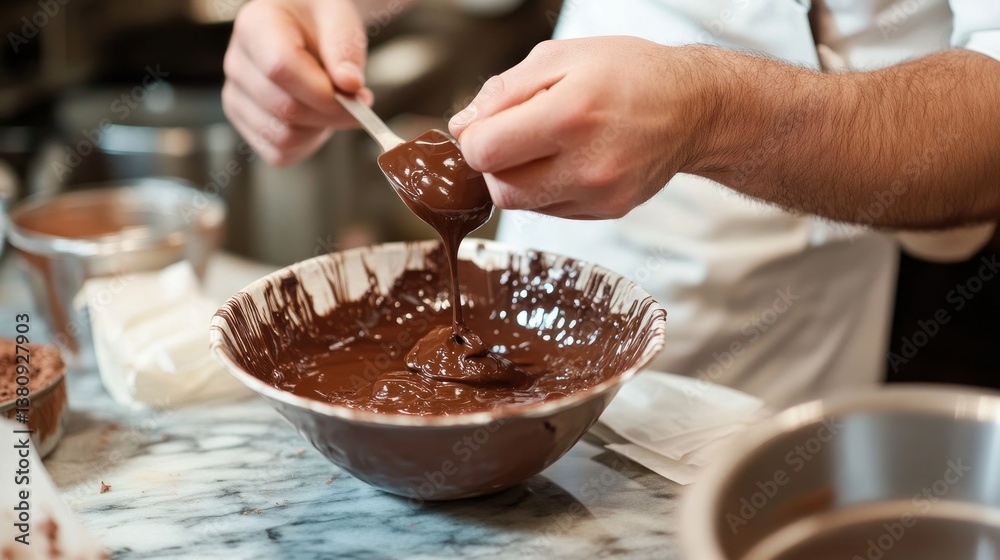 Melting Chocolate in Bowl with Spoon for Culinary Preparation