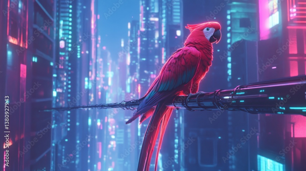 Neon Majesty: A scarlet macaw perched amidst a futuristic cityscape spectacle