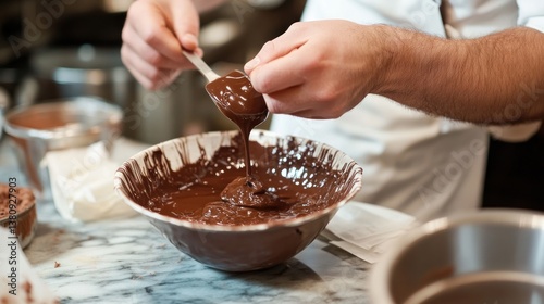 Obraz na płótnie Melting Chocolate in Bowl with Spoon for Culinary Preparation w salonie