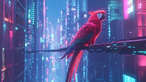 Obraz na płótnie Neon Majesty: A scarlet macaw perched amidst a futuristic cityscape spectacle w salonie