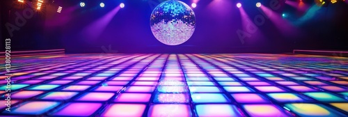 Retro dance floor with vibrant lights and classic disco ball