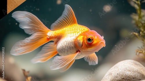 This image features a vibrant goldfish gracefully swimming through clear water, showcasing its beautiful fins and bright colors against a serene background.