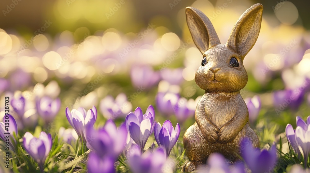 Rabbit Figurine Sitting Among Crocuses on a Sunny Spring Meadow