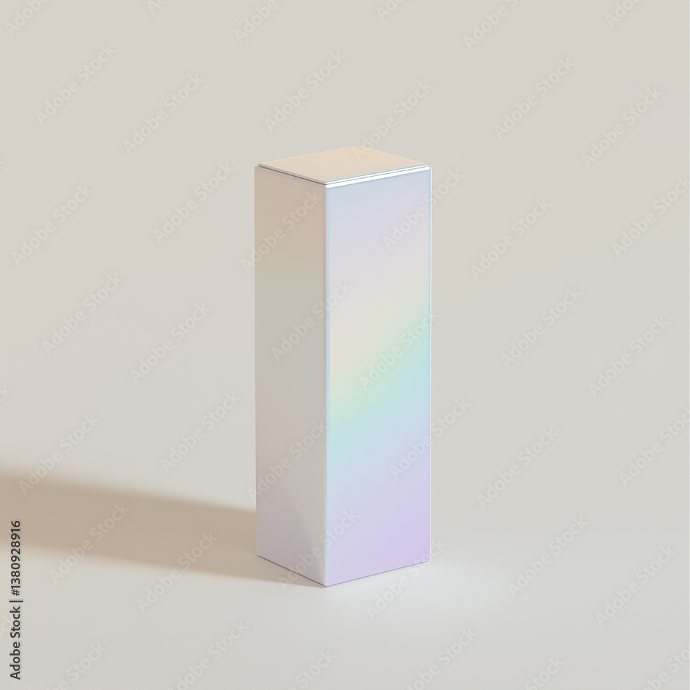 A minimalistic front side view Tall rectangular packaging with a silver iridescent color. The design is simple yet elegant, focusing on clarity and precision. It includes subtle branding elements like A minimalistic front side view Tall rectangular packaging with a silver iridescent color. The design is simple yet elegant, focusing on clarity and precision. It includes subtle branding elements like