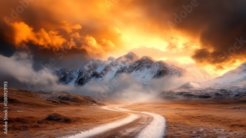Stunning mountains tower over a winding path as vibrant colors of a dramatic sunset reflect off the clouds, invoking a sense of wonder and adventure.