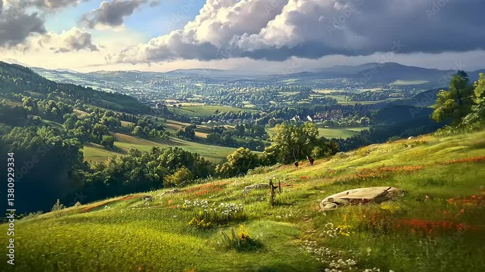 Serene Valley Vista: A Breathtaking Panoramic View of Rolling Hills, Lush Meadows, and Distant Mountains Under a Cloudy Sky Serene Valley Vista: A Breathtaking Panoramic View of Rolling Hills, Lush Meadows, and Distant Mountains Under a Cloudy Sky