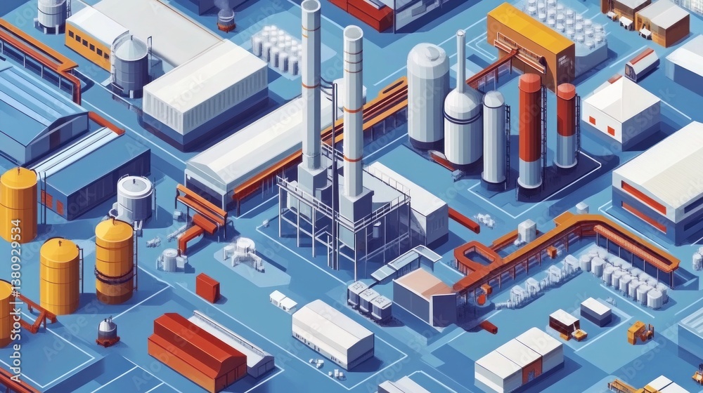 Industrial complex network of interconnected facilities. Intertwined manufacturing and processing plants with storage tanks, pipelines, and vehicles. Detailed isometric view of production layout Industrial complex network of interconnected facilities. Intertwined manufacturing and processing plants with storage tanks, pipelines, and vehicles. Detailed isometric view of production layout