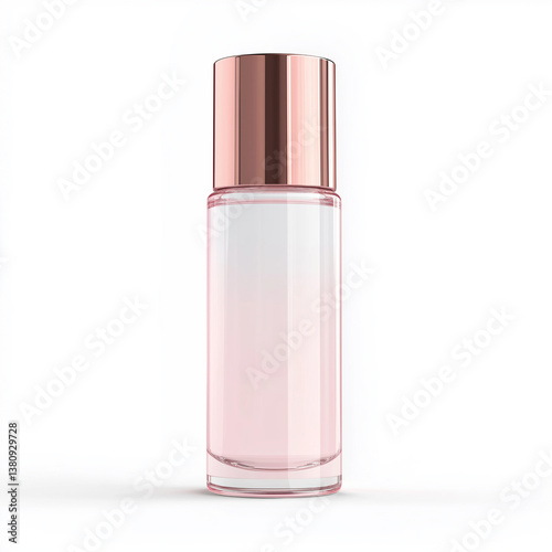 Elegant, tall matte soft pink color cosmetic bottle with soft copper cap, isolated on a white background, white serum inside, front view.