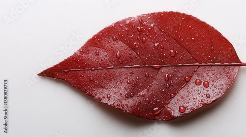 This captivating red leaf, adorned with sparkling water droplets, lies on a pristine white background, showcasing the beauty and freshness of nature in a minimalist setting.