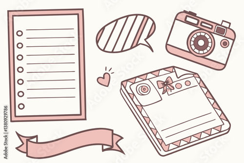 Cute girly stationery illustrations. Stationery. Ribbons. Hearts. Pastel pink.