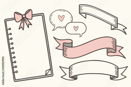 Cute girly stationery illustrations. Stationery. Ribbons. Hearts. Pastel pink.