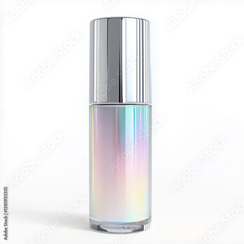 Elegant, tall soft silver and hologram cosmetic bottle with soft silver hologram cap, isolated on a white background, white serum inside, front view.